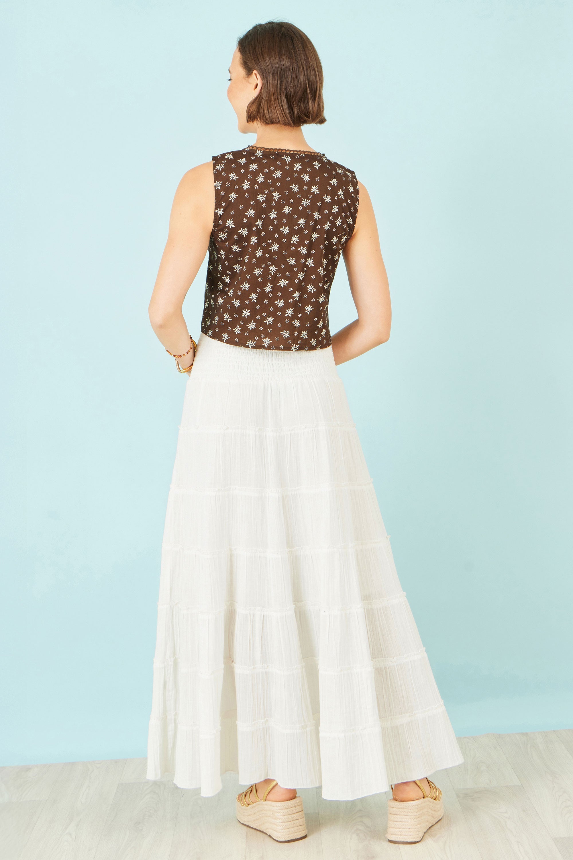 Yumi Brown Cotton Daisy Print Waistcoat Top