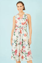 Yumi Ivory Blurred Floral Print Mesh Stretch Midi Dress With Pockets