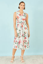 Yumi Ivory Blurred Floral Print Mesh Stretch Midi Dress With Pockets