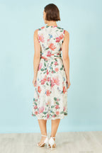 Yumi Ivory Blurred Floral Print Mesh Stretch Midi Dress With Pockets
