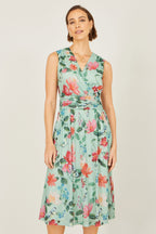 Yumi Mint Blurred Floral Mesh Wrap Midi Dress