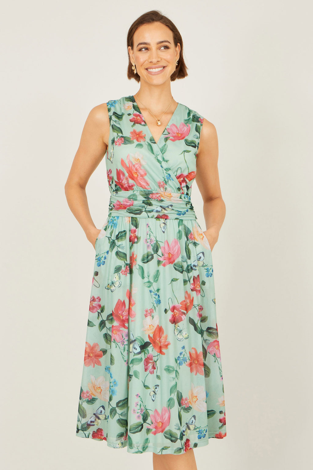 Yumi Mint Blurred Floral Mesh Wrap Midi Dress