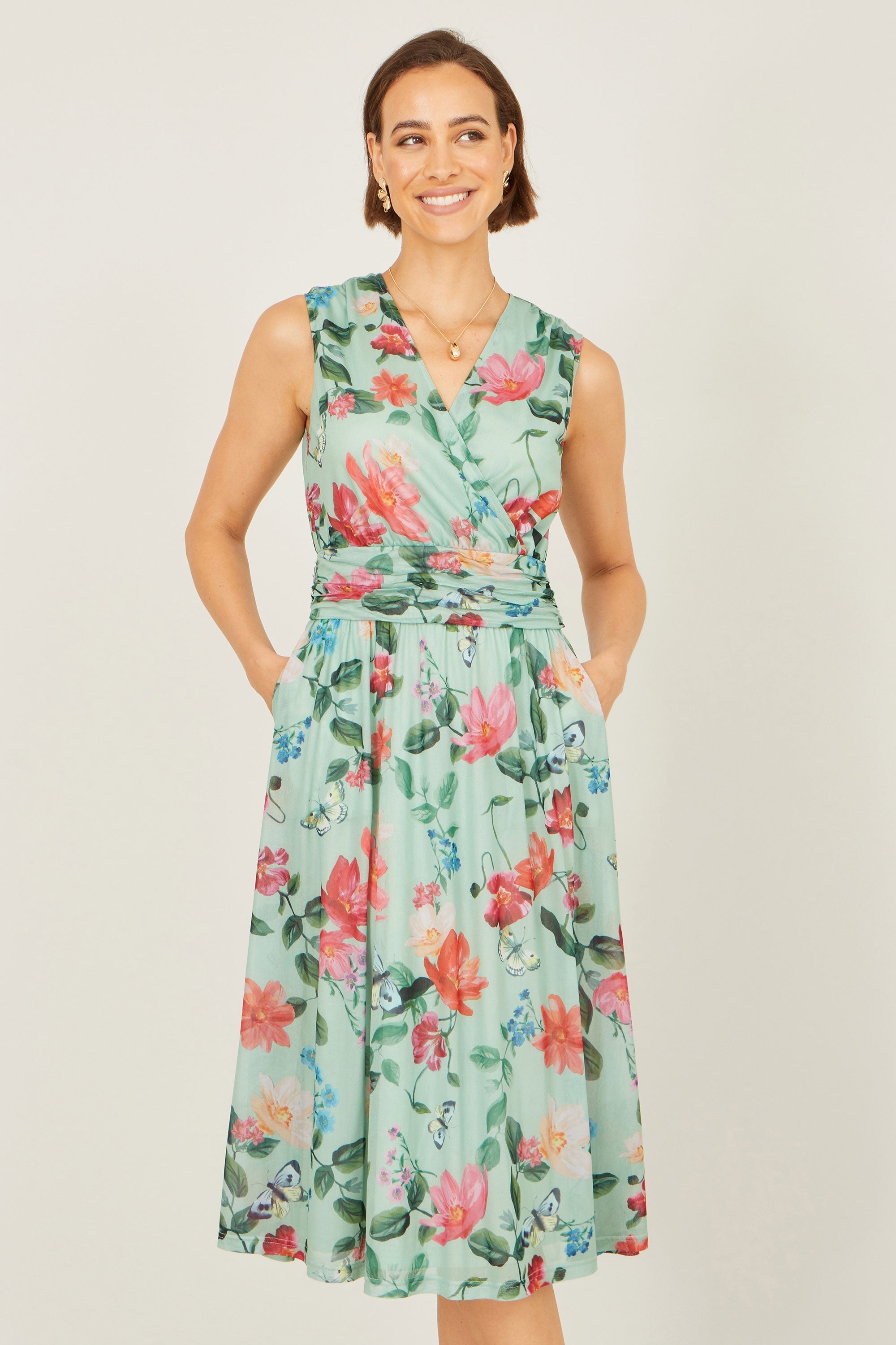 Yumi Mint Blurred Floral Mesh Wrap Midi Dress