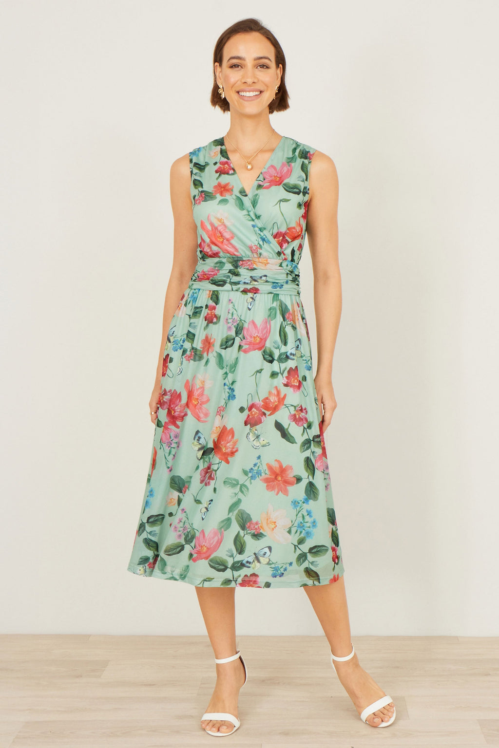 Yumi Mint Blurred Floral Mesh Wrap Midi Dress