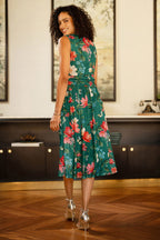 Yumi Green Blurred Floral Print Mesh Stretch Midi Dress With Pockets