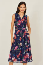 Yumi Navy Blurred Floral Print Mesh Stretch Midi Dress With Pockets