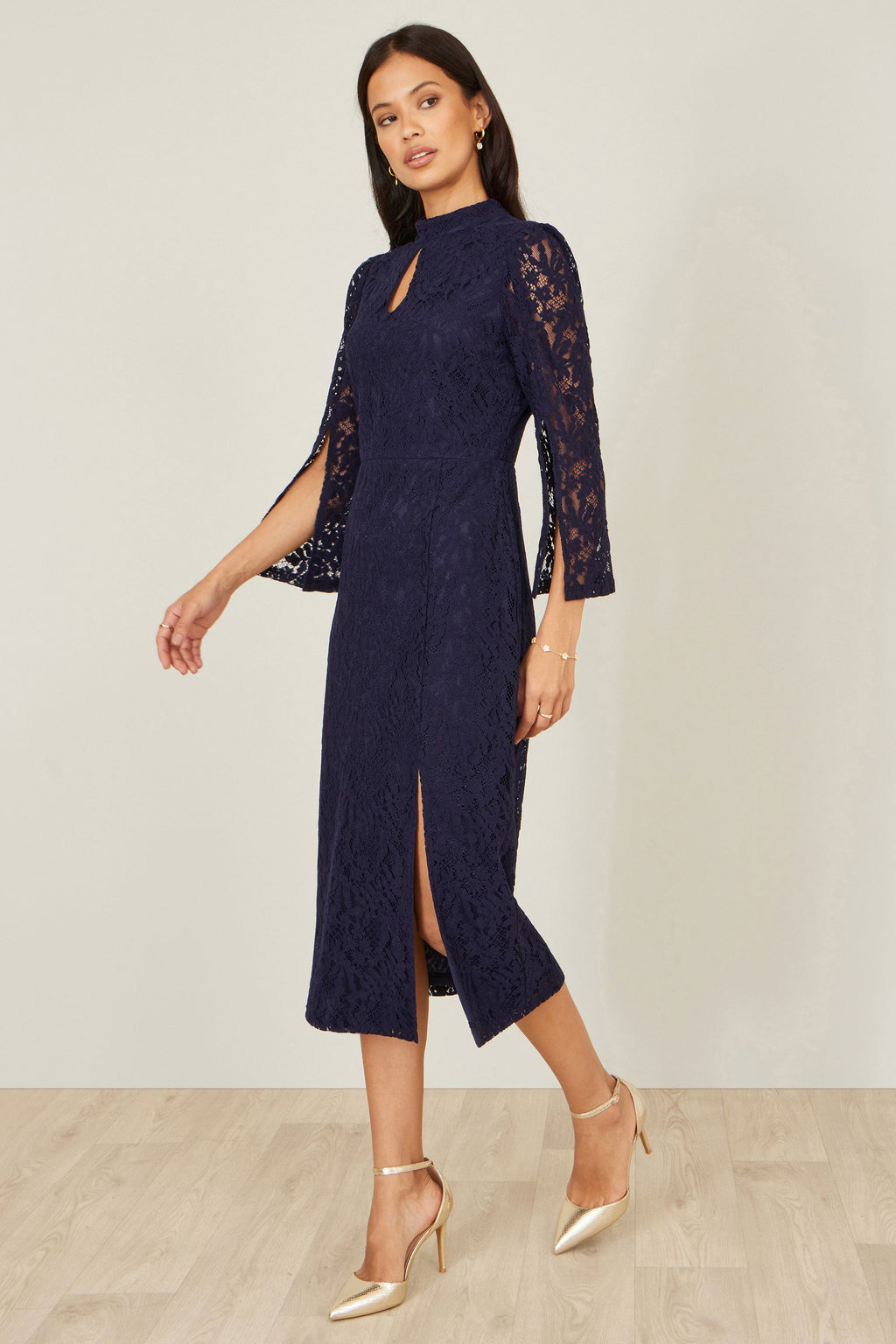 Yumi Navy Lace Fitted Midi Dress With Flute Sleeves