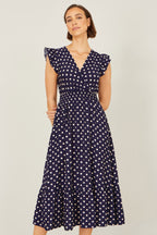 Yumi Navy Spot Ruched Waist Midi Dress