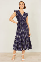 Yumi Navy Spot Ruched Waist Midi Dress