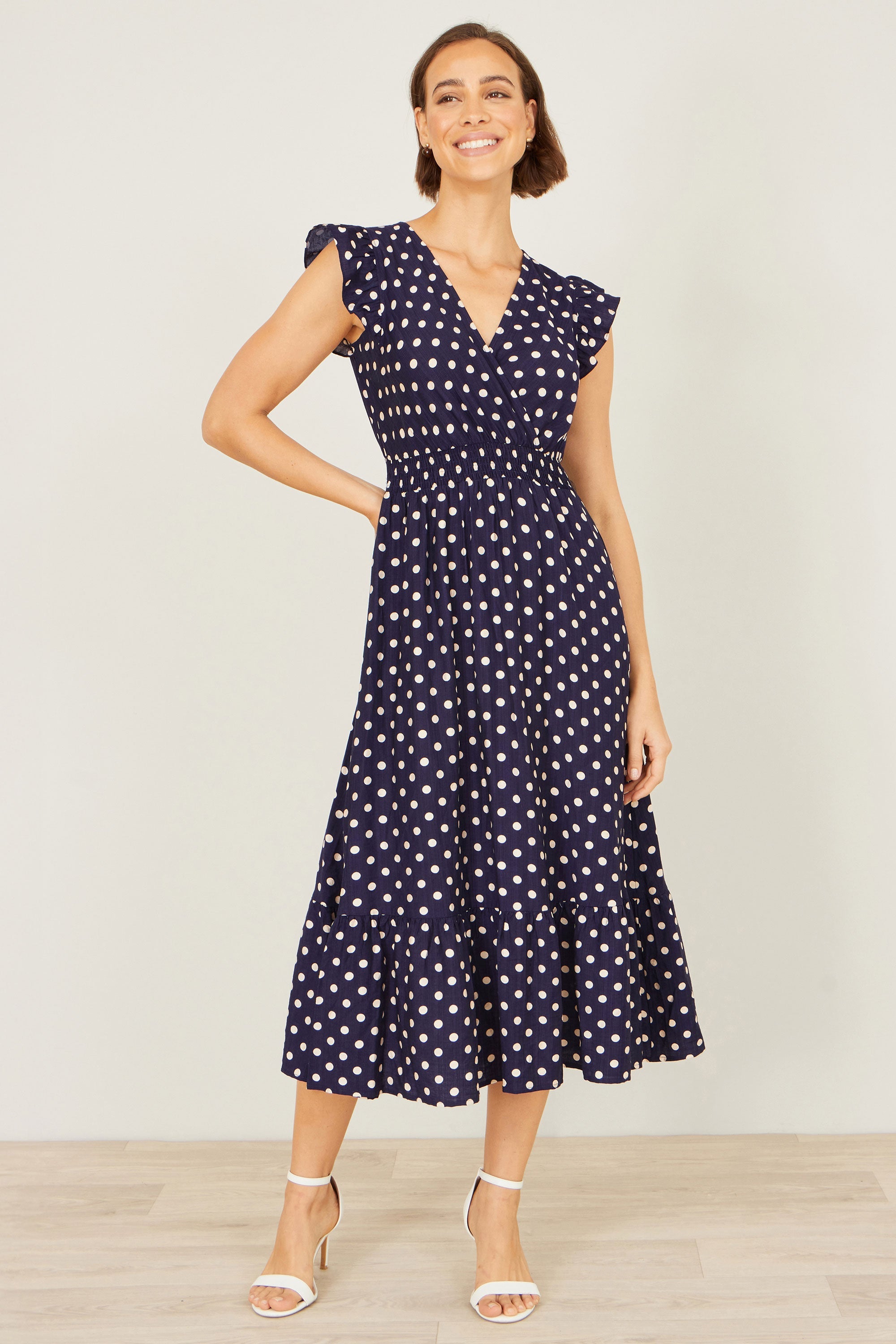 Yumi Navy Spot Ruched Waist Midi Dress
