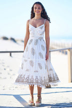 Yumi Ivory Foil Print Midi Sun Dress With Lace Trims