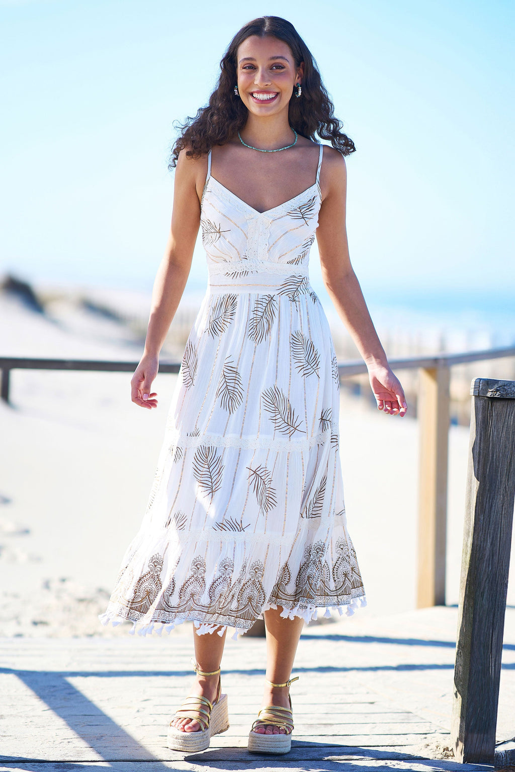 Yumi Ivory Foil Print Midi Sun Dress With Lace Trims