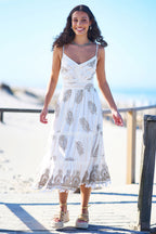 Yumi Ivory Foil Print Midi Sun Dress With Lace Trims