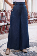 Yumi Blue Chambray Wide Leg Trousers With Button Details