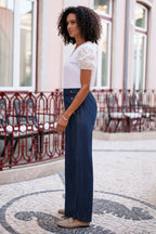 Yumi Blue Chambray Wide Leg Trousers With Button Details