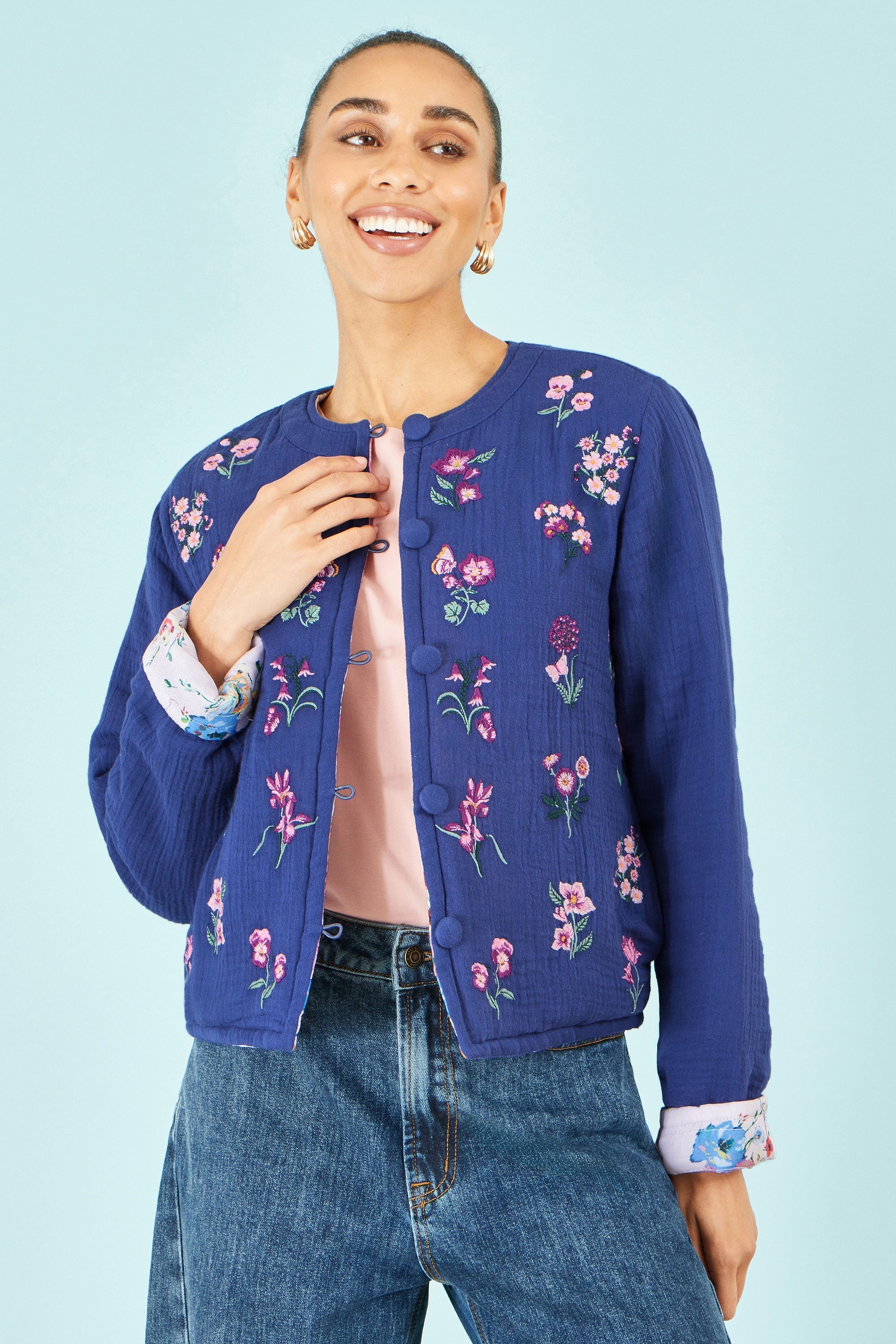 Yumi Blue Floral Embroidery Cotton Jacket