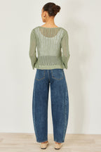 Yumi Green Tie Front Pointelle Cardigan
