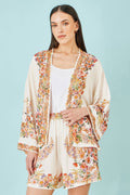 Yumi Ivory Viscose Floral Border Kimono With Tie Belt