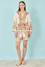 Yumi Ivory Viscose Floral Border Kimono With Tie Belt