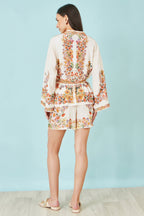 Yumi Ivory Viscose Floral Border Kimono With Tie Belt