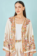 Yumi Ivory Viscose Floral Border Kimono With Tie Belt