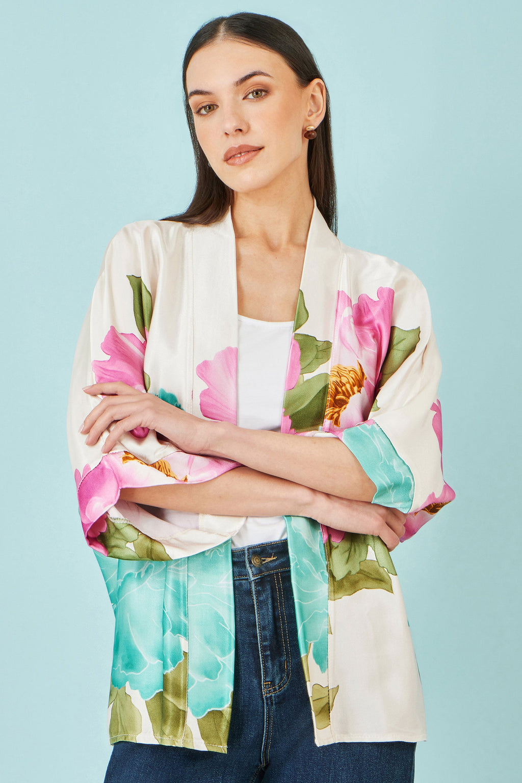 Yumi Ivory Floral Print Relaxed Kimono