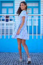 Yumi Blue Cotton Floral Puff Sleeve Skater Dress