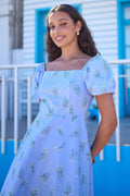Yumi Blue Cotton Floral Puff Sleeve Skater Dress