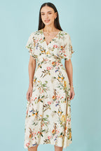 Yumi Ivory Viscose Floral Print Midi Dress With Ruched Waist
