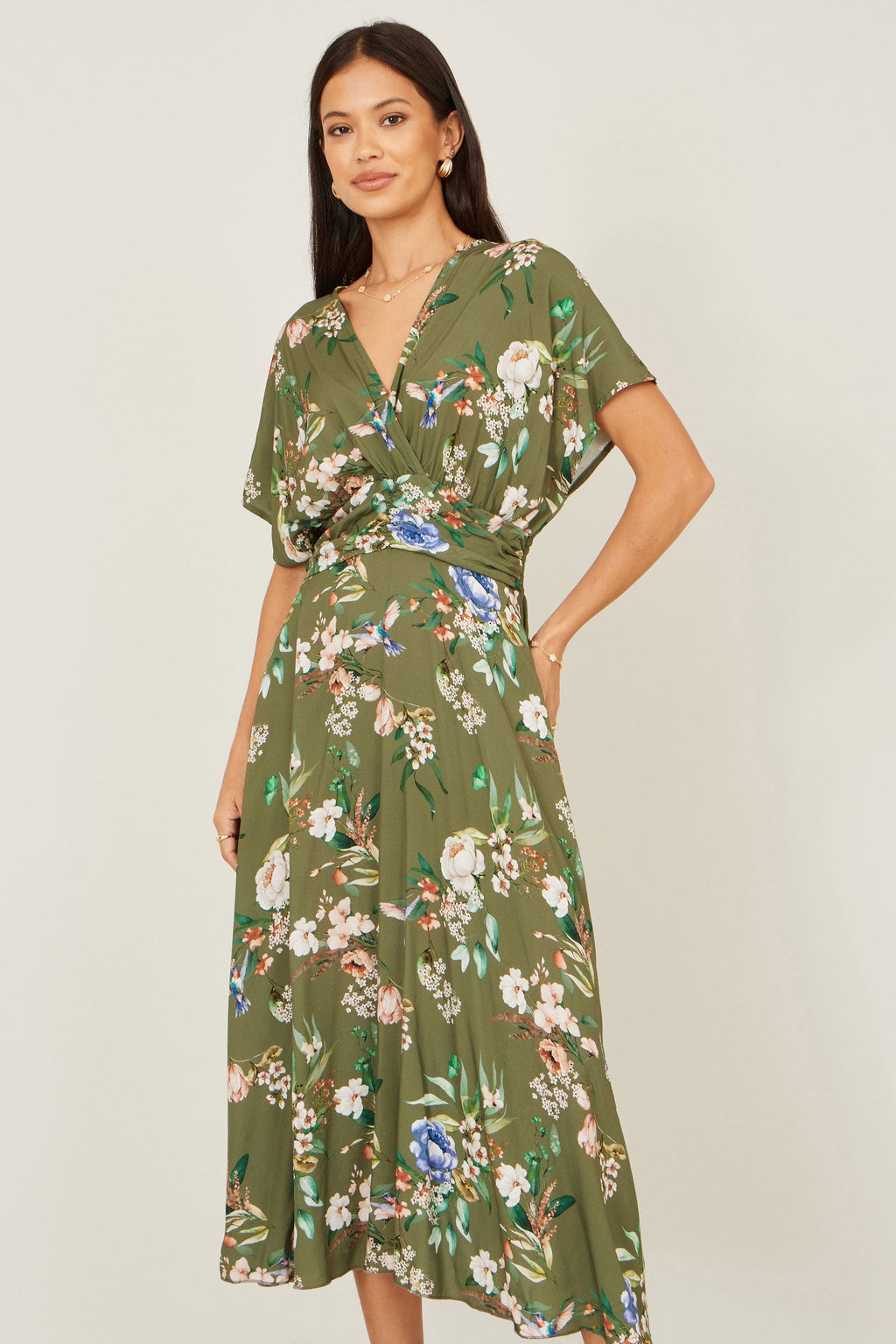 Yumi Sage Green Viscose Floral Print Midi Dress With Ruched Waist
