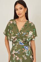 Yumi Sage Green Viscose Floral Print Midi Dress With Ruched Waist