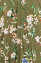 Yumi Sage Green Viscose Floral Print Midi Dress With Ruched Waist