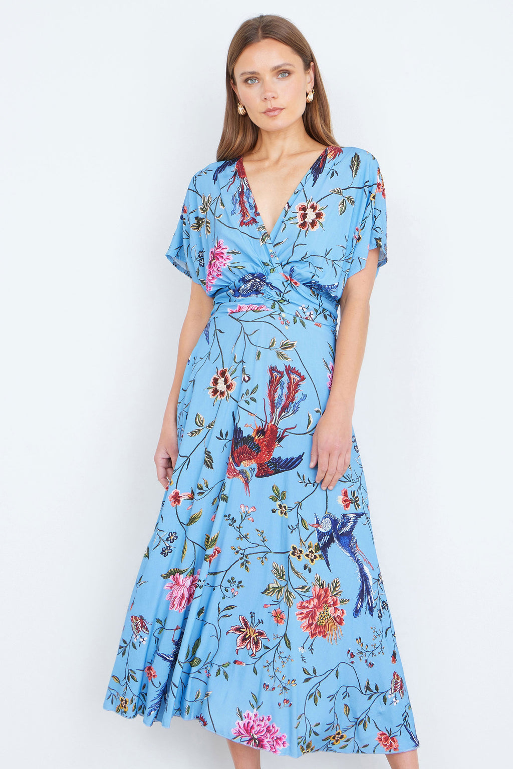 Yumi Blue Viscose Bird And Floral Print Midi Dress With Ruched Waist