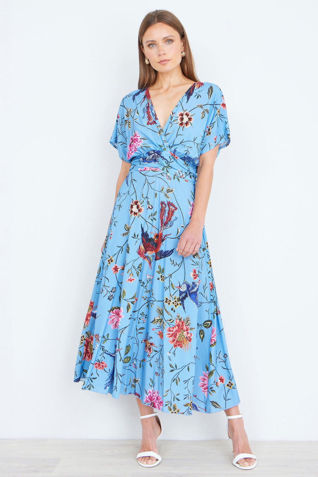 Yumi Blue Viscose Bird And Floral Print Midi Dress With Ruched Waist