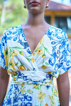 Yumi White Lemon Print Viscose Ruched Waist Midi Dress