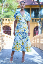 Yumi White Lemon Print Viscose Ruched Waist Midi Dress