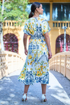 Yumi White Lemon Print Viscose Ruched Waist Midi Dress