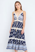 Yumi Navy Viscose Paisley Print Midi Sun Dress