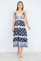 Yumi Navy Viscose Paisley Print Midi Sun Dress