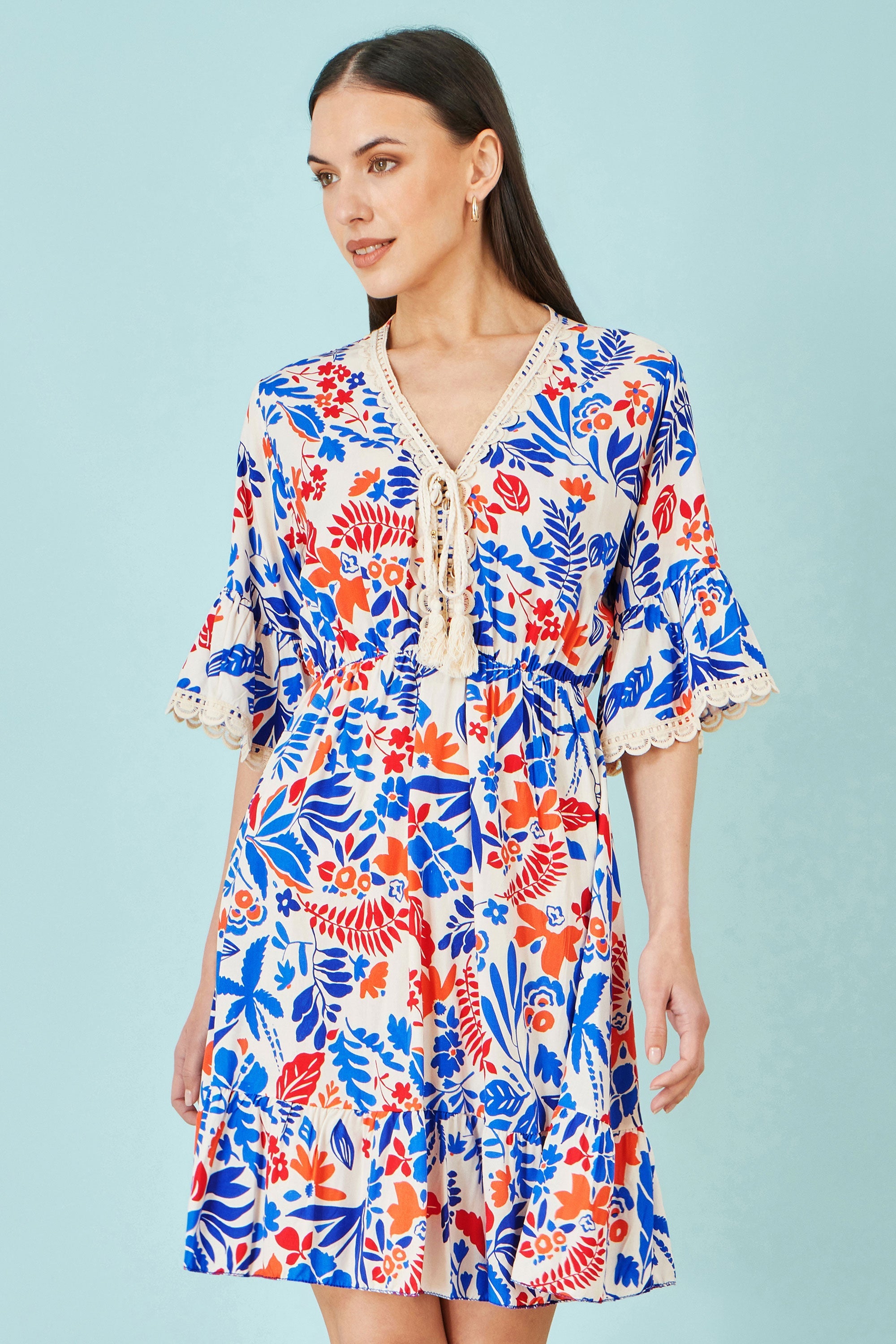 Yumi Multicolour Leaf Print Viscose Kimono Sleeve Tunic