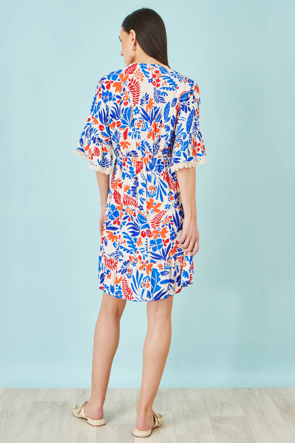 Yumi Multicolour Leaf Print Viscose Kimono Sleeve Tunic