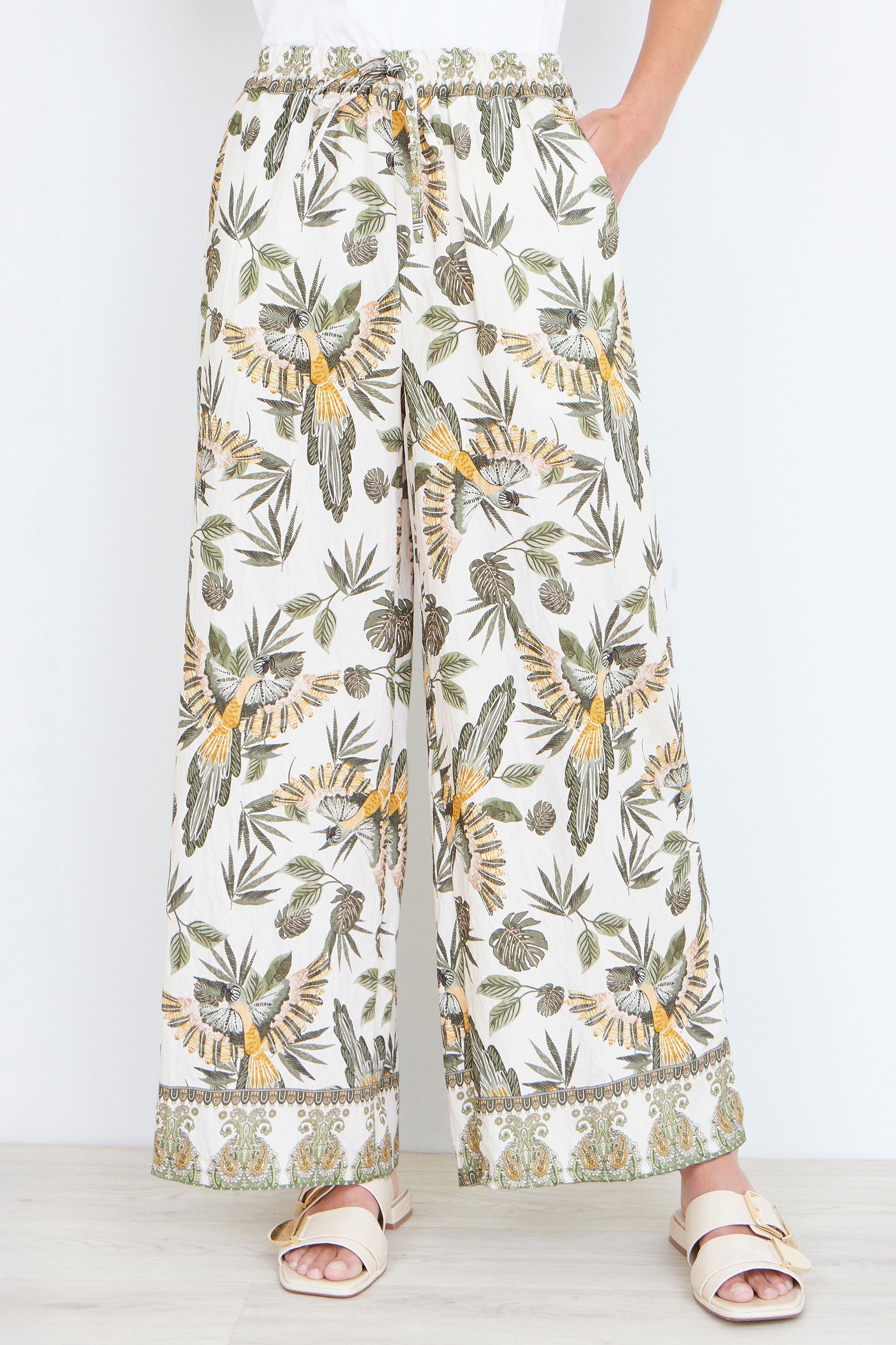 Yumi Green Bird Print Viscose Wide Leg Trousers
