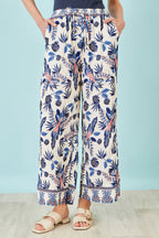 Yumi Blue Bird Print Viscose Wide Leg Trousers