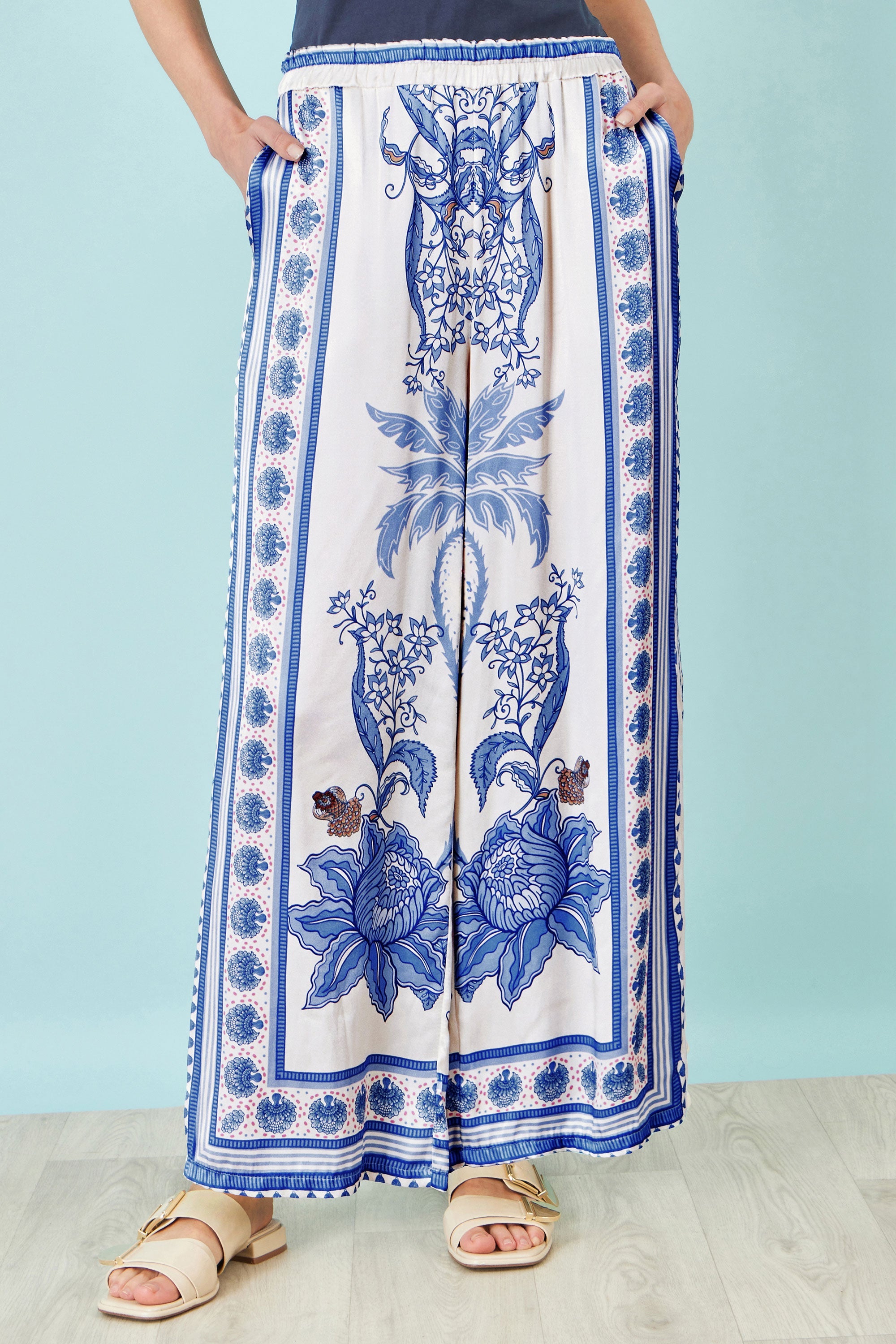 Yumi Blue Satin Print Placement Relaxed Trousers