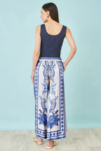 Yumi Blue Satin Print Placement Relaxed Trousers