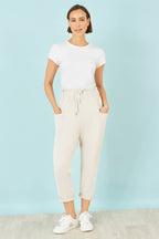 Yumi Cream Cotton Relaxed Stretch Trousers With Pockets