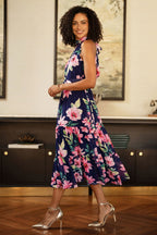 Yumi Navy Floral Halter Neck Midi Dress With Matching Belt