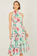 Yumi Mint Floral Halter Neck Midi Dress With Matching Belt