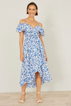 Yumi Blue Floral Print Bardot Midi Dress With Dip Hem
