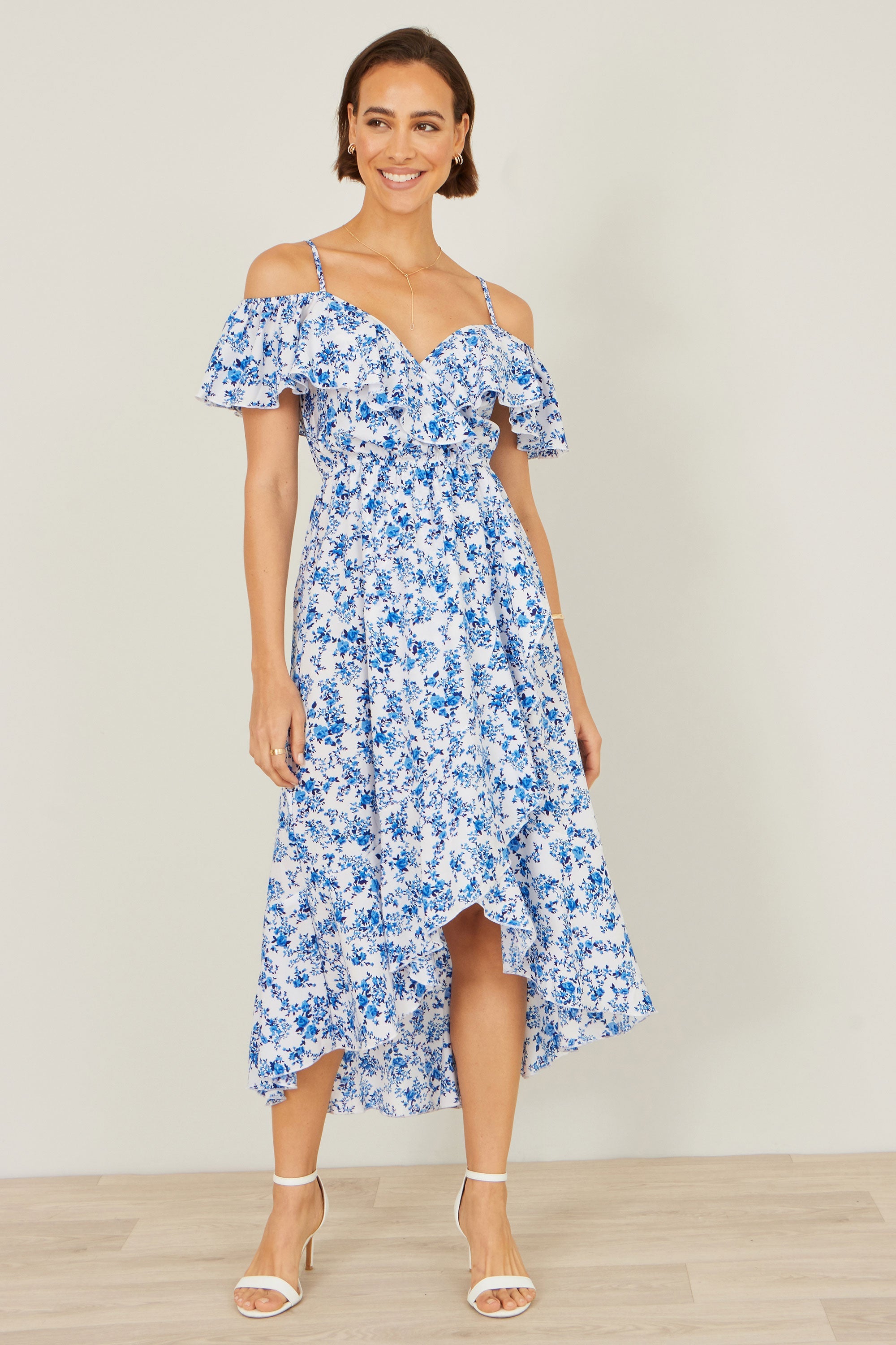 Yumi Blue Floral Print Bardot Midi Dress With Dip Hem